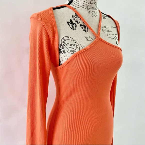 NWT Missguided Cut Out Long Sleeve Rib Bodycon Midi Dress Orange 2 - Picture 2 of 16